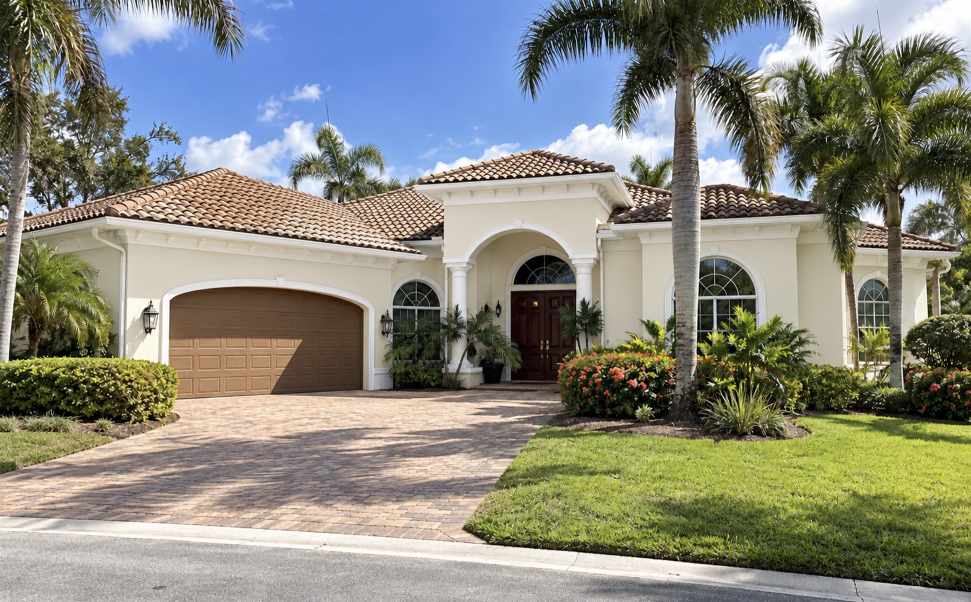 Mediterranean-style house in The Moorings, Naples, FL after exterior painting by Bryan's Painting and Home Finishes, with stucco walls painted a soft cream white