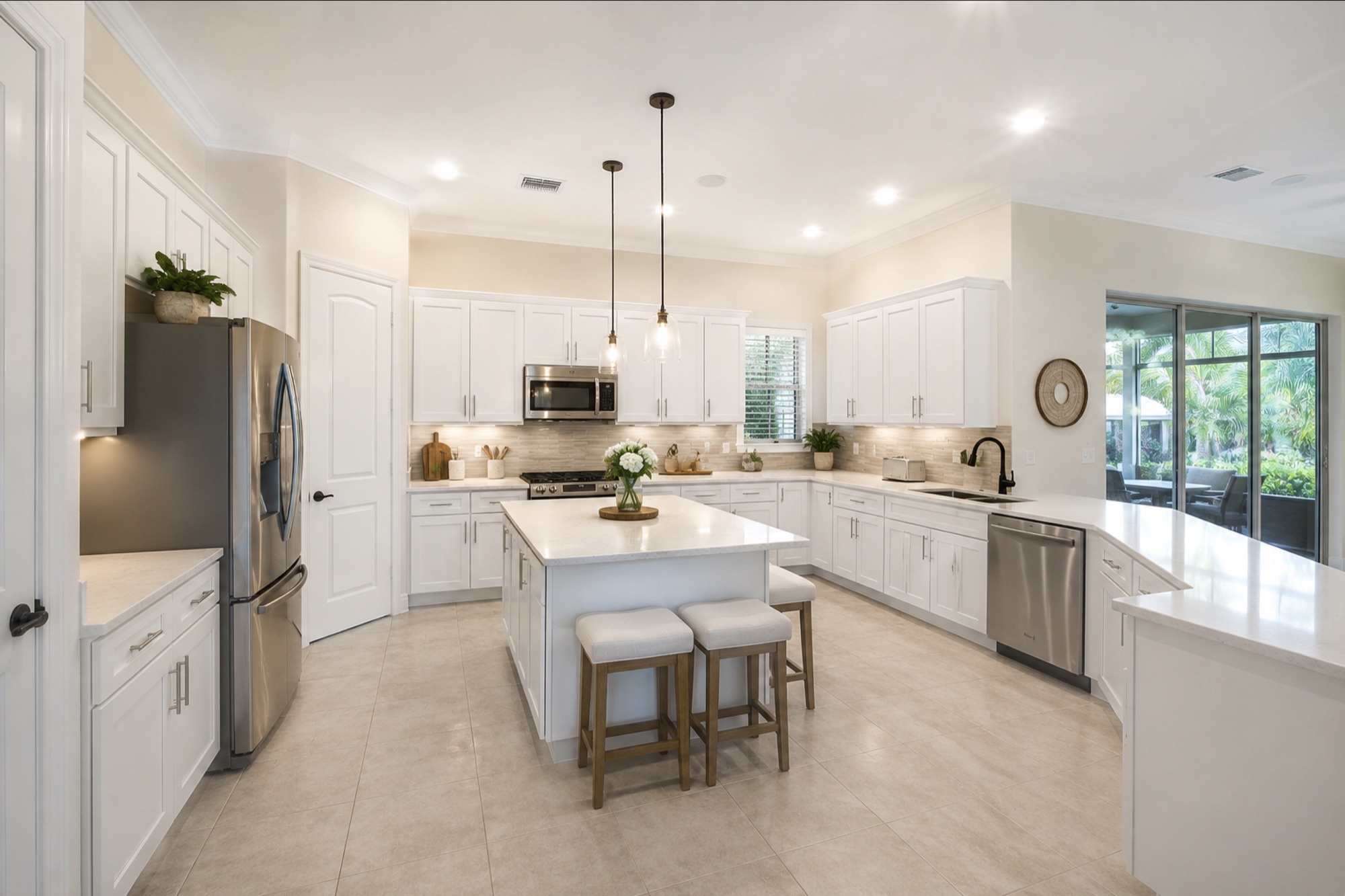Kitchen in Forest Glen, Naples, FL after cabinet refinishing by Bryan's Painting and Home Finishes, with cabinets painted a clean bright white