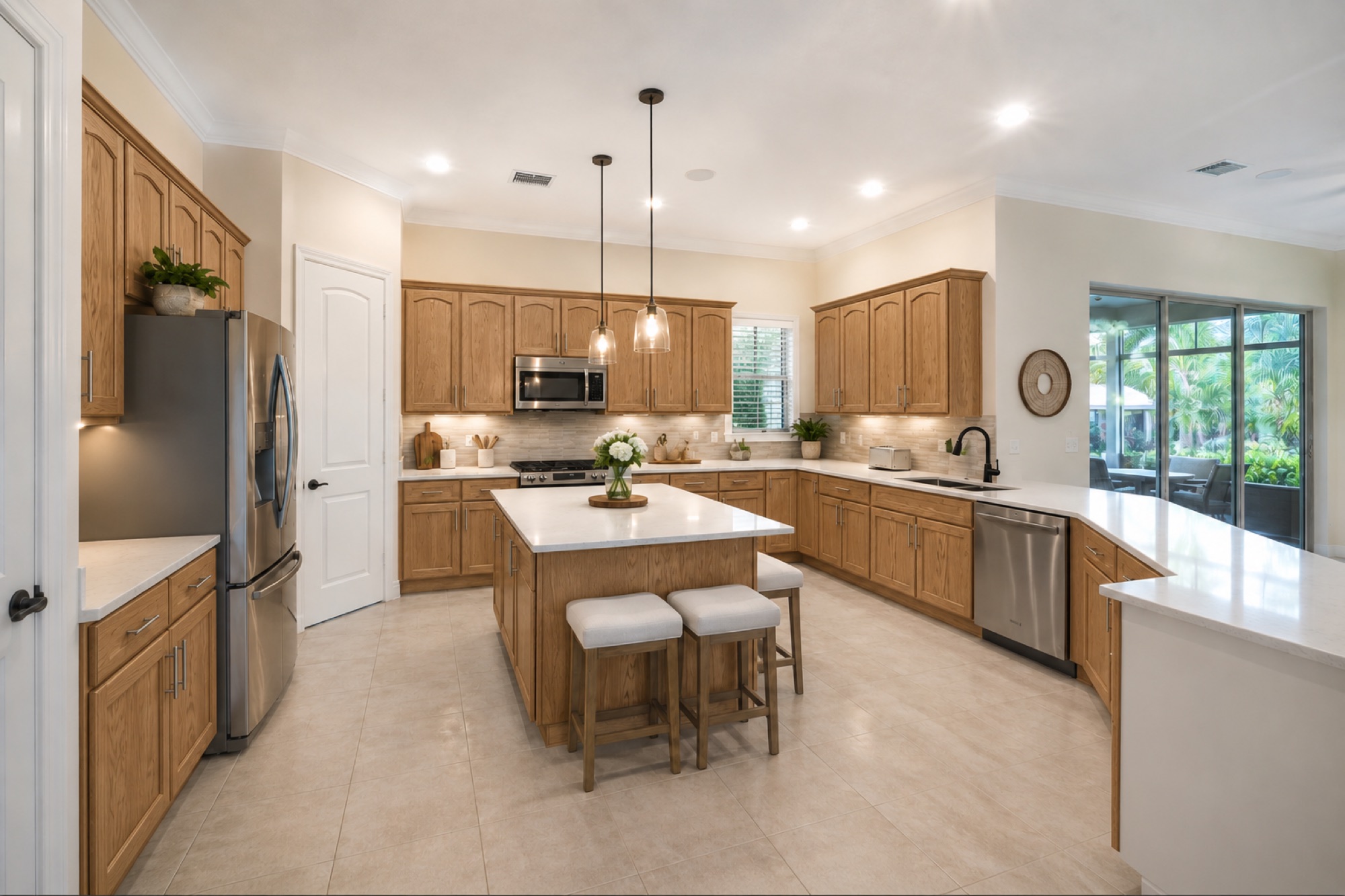 Kitchen in Forest Glen, Naples, FL before cabinet refinishing, with dated oak cabinets, a center island, and stainless steel appliances