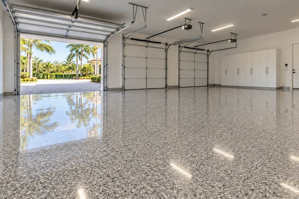 Three-car garage in Fiddler's Creek, Naples, FL with a glossy gray flake epoxy floor coating installed by Bryan's Painting and Home Finishes
