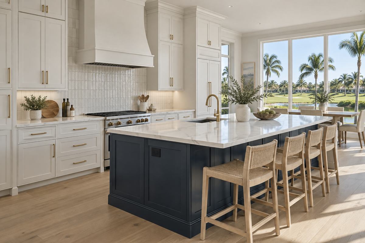 Kitchen in Pelican Bay, Naples, FL with cabinets refinished in white and a navy blue island by Bryan's Painting and Home Finishes